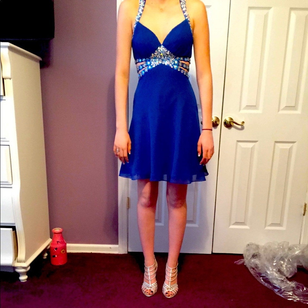 Blue sequin studded dress with cutout back